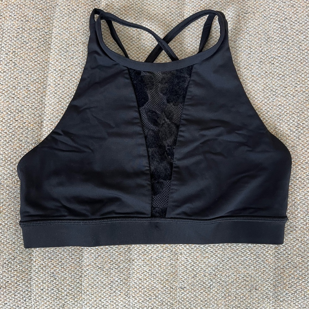 Lululemon Black High Neck Sports Bra with Criss-Cross Straps & Mesh Cutout